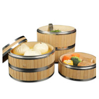 New product 2 Tier Bamboo Steamer with Stainless Steel Banding Perfect For Steaming Dim Sum Dumplings